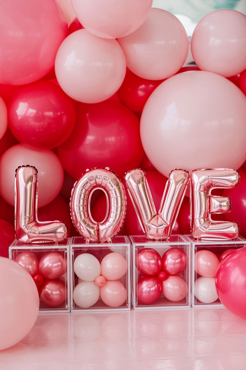 Pink Balloon Box With Letters - 25 Valentine's Day Pink Balloon Ideas
