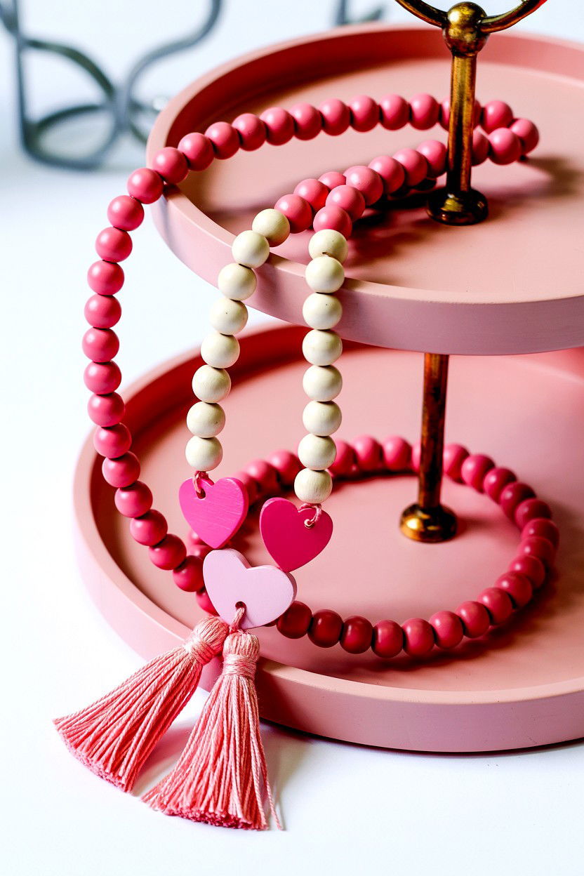 Pink Bead Valentine Tiered Tray - 25 Pink Valentine's Day Tiered Tray Ideas