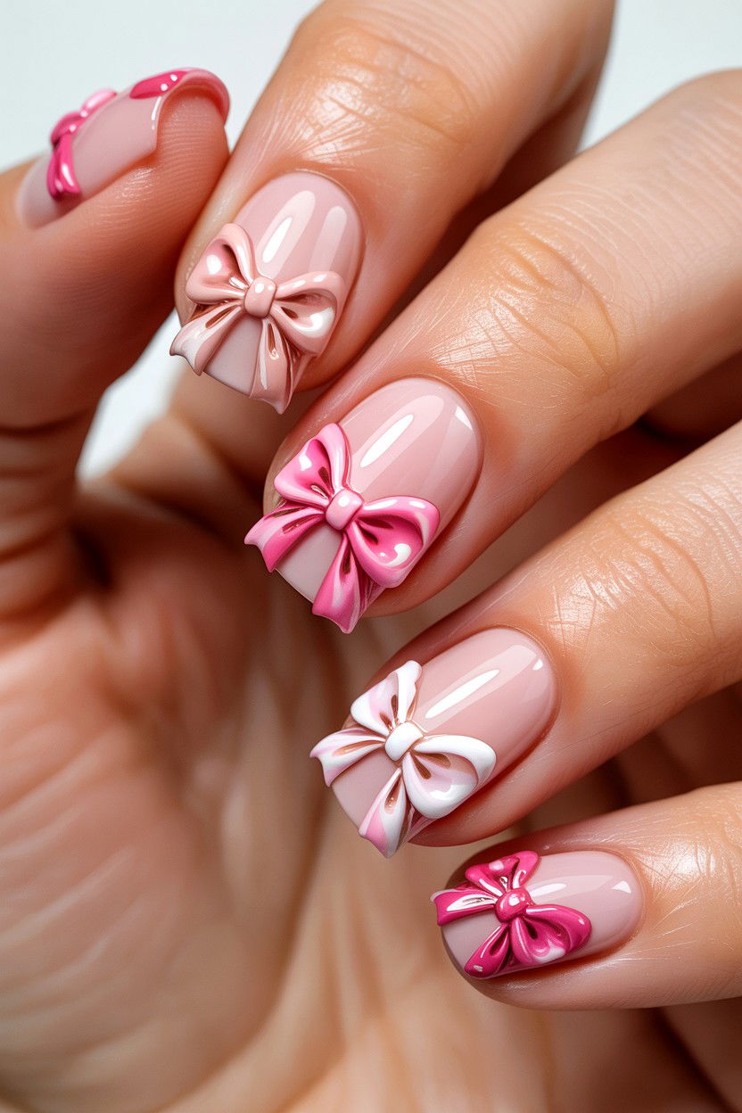 Pink Bow Nail Art - 25 Glossy Valentine's Day Nail Ideas