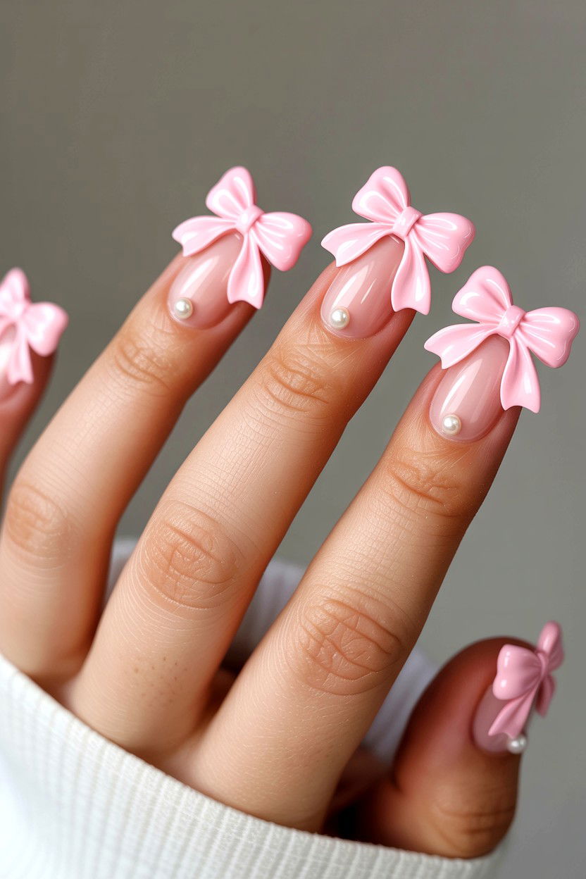 Pink Bow Nails - 25 3D Valentine's Day Nail Art Ideas