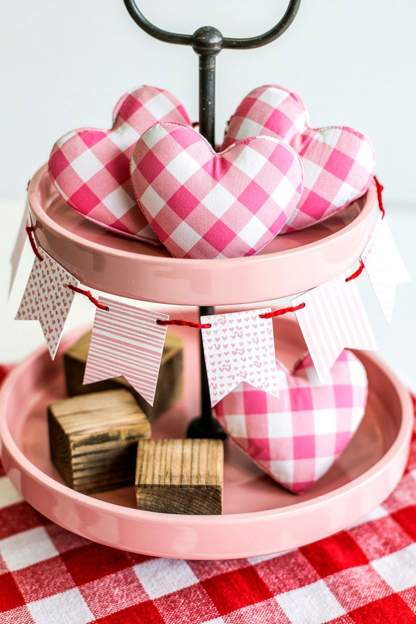 Pink Buffalo Plaid Tiered Tray - 25 Pink Valentine's Day Tiered Tray Ideas
