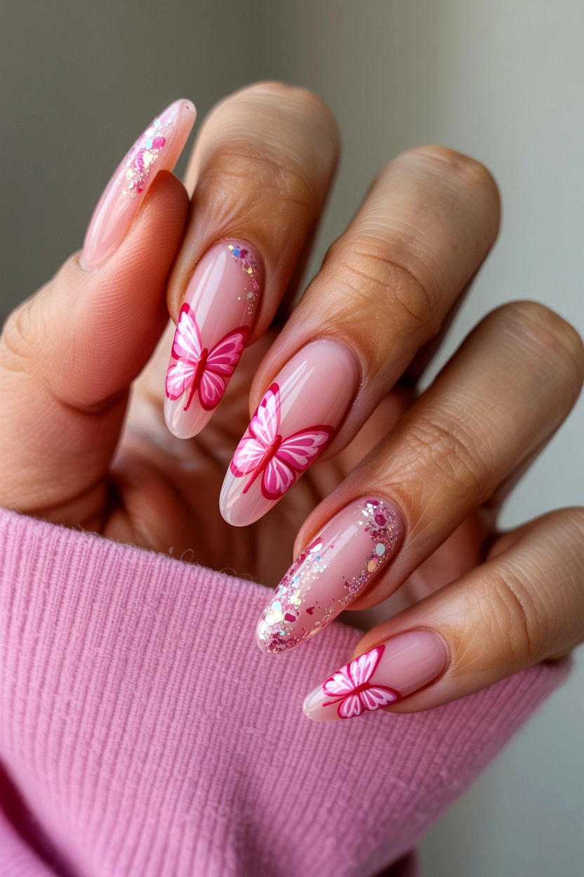 Pink Butterfly Nails - 25 Pink Valentine's Day Nail Ideas