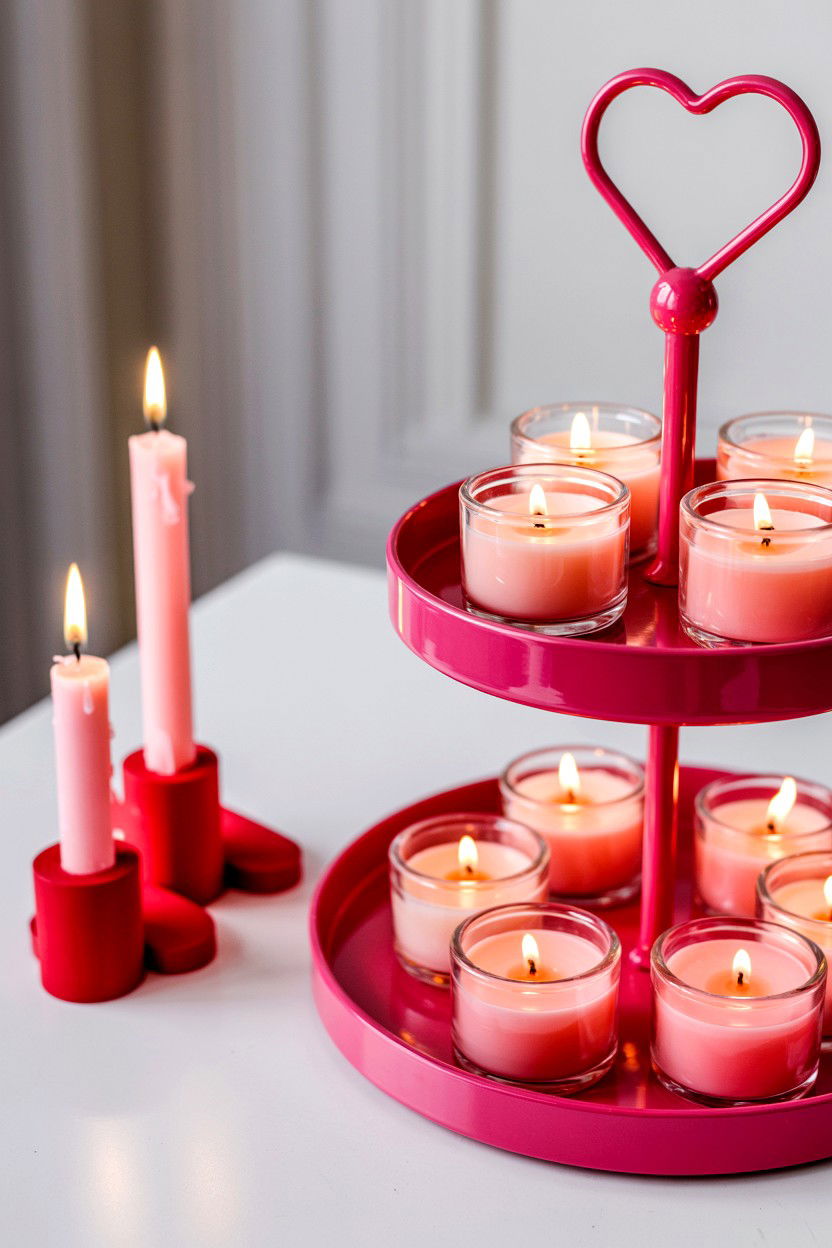 Pink Candle Valentine Tiered Tray - 25 Pink Valentine's Day Tiered Tray Ideas