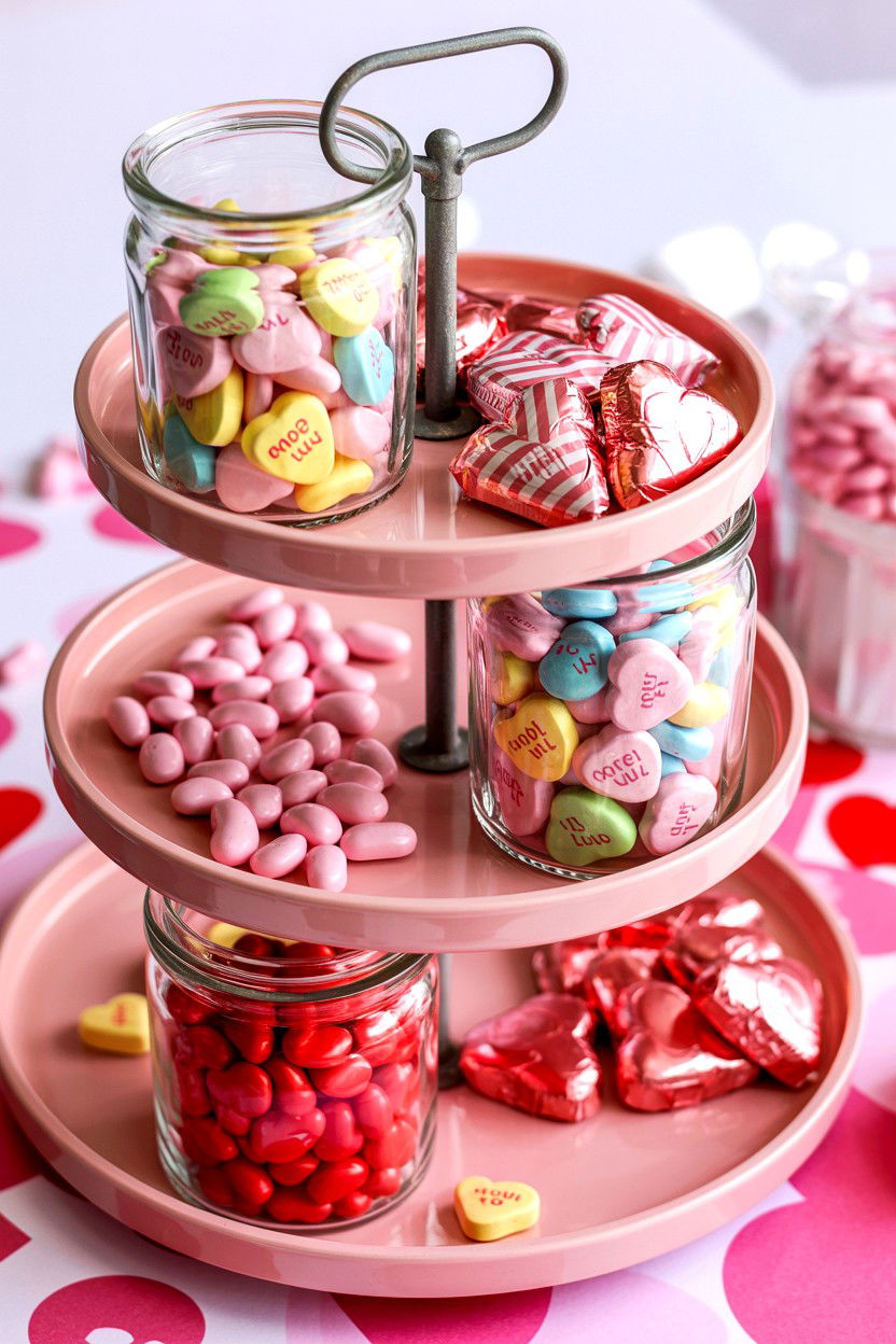 Pink Candy Valentine Tiered Tray - 25 Pink Valentine's Day Tiered Tray Ideas