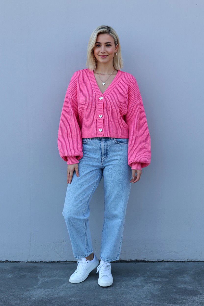 Pink Cardigan And Jeans - 25 Pink Valentine's Day Outfits