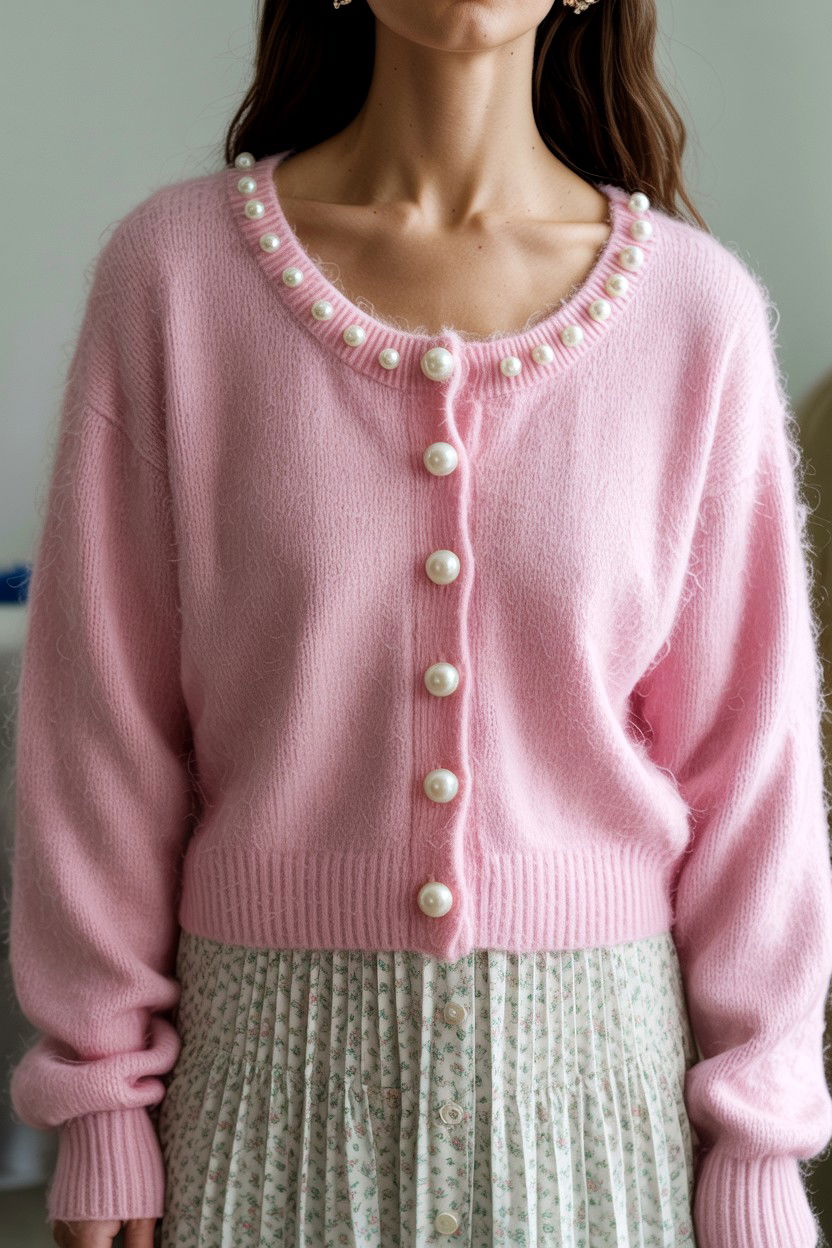 Pink Cardigan With Pearls - 25 Soft Girl Valentine's Day Ideas