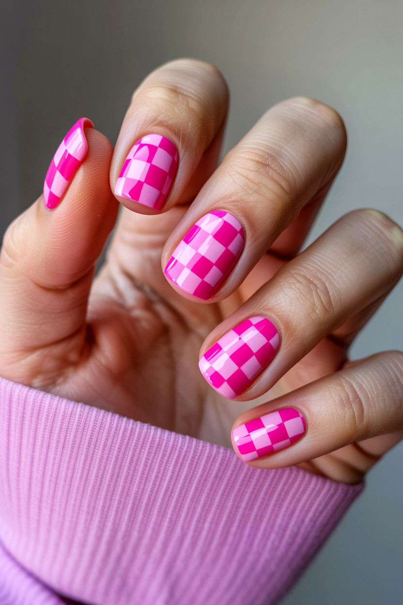 Pink Checkerboard Nails - 25 Pink Valentine's Day Nail Ideas