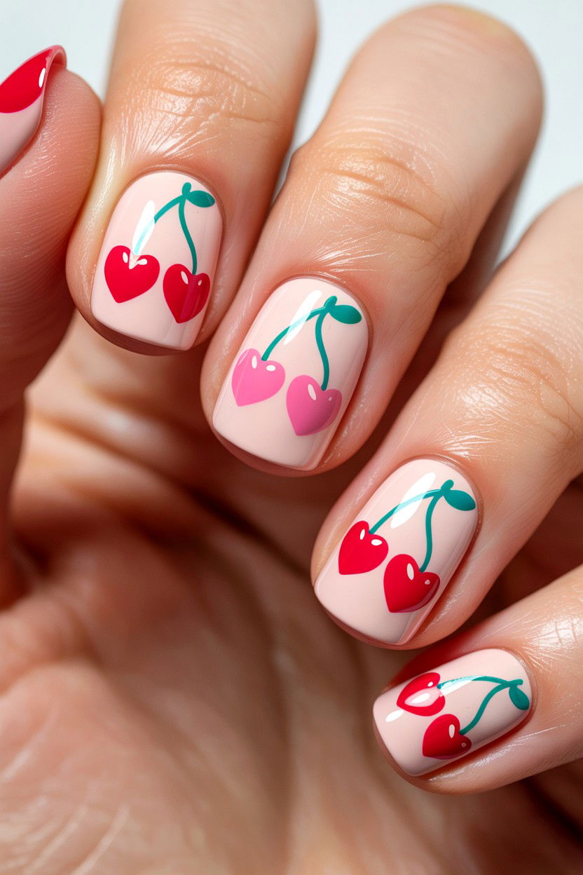 Pink Cherry Heart Nails - 25 Cherry Valentine's Day Nail Ideas