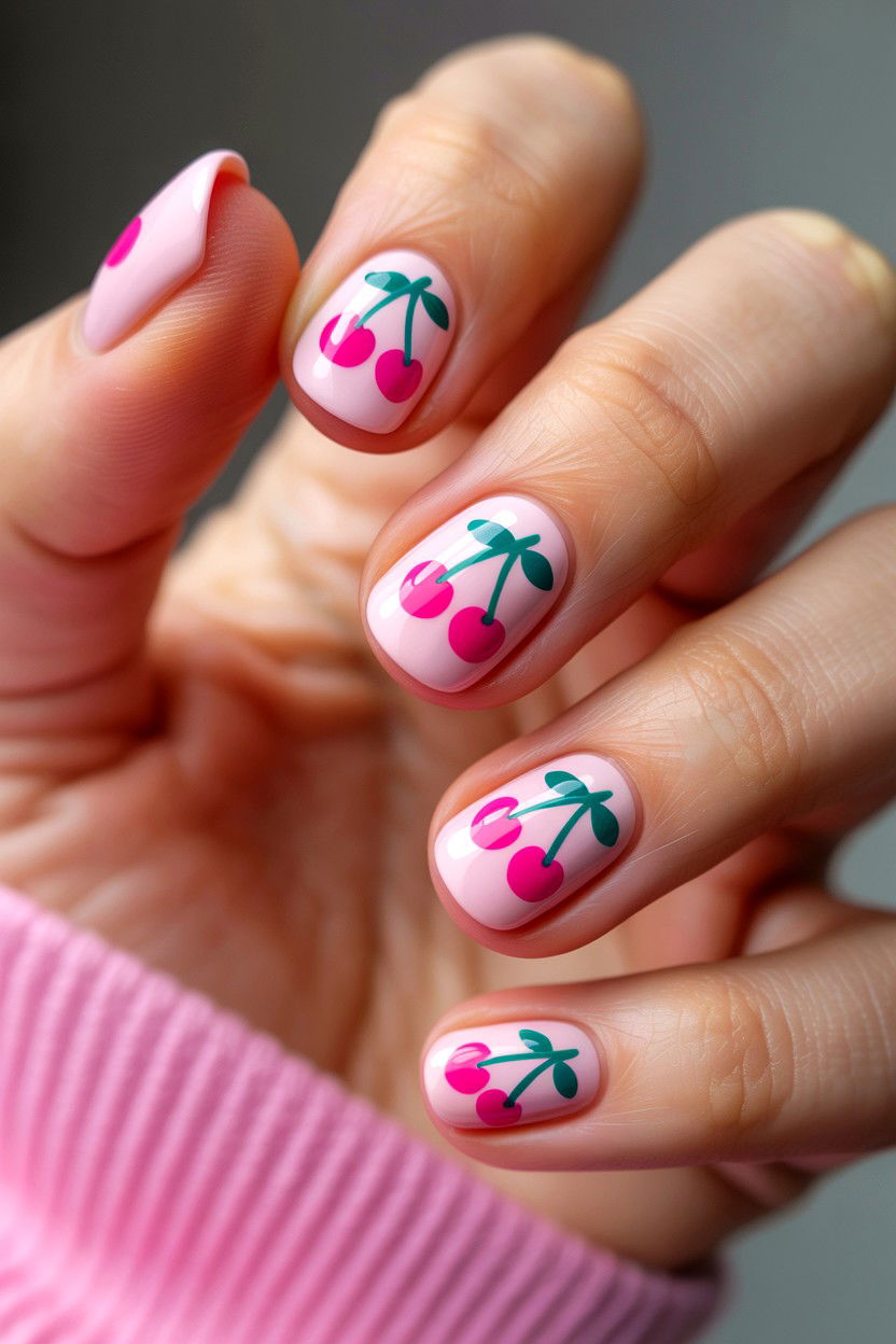 Pink Cherry Nails - 25 Pink Valentine's Day Nail Ideas