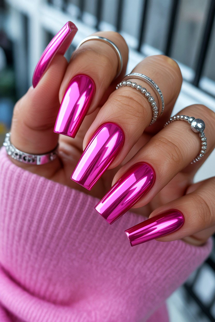 Pink Chrome Coffin - 25 Valentine's Day Coffin Nail Ideas