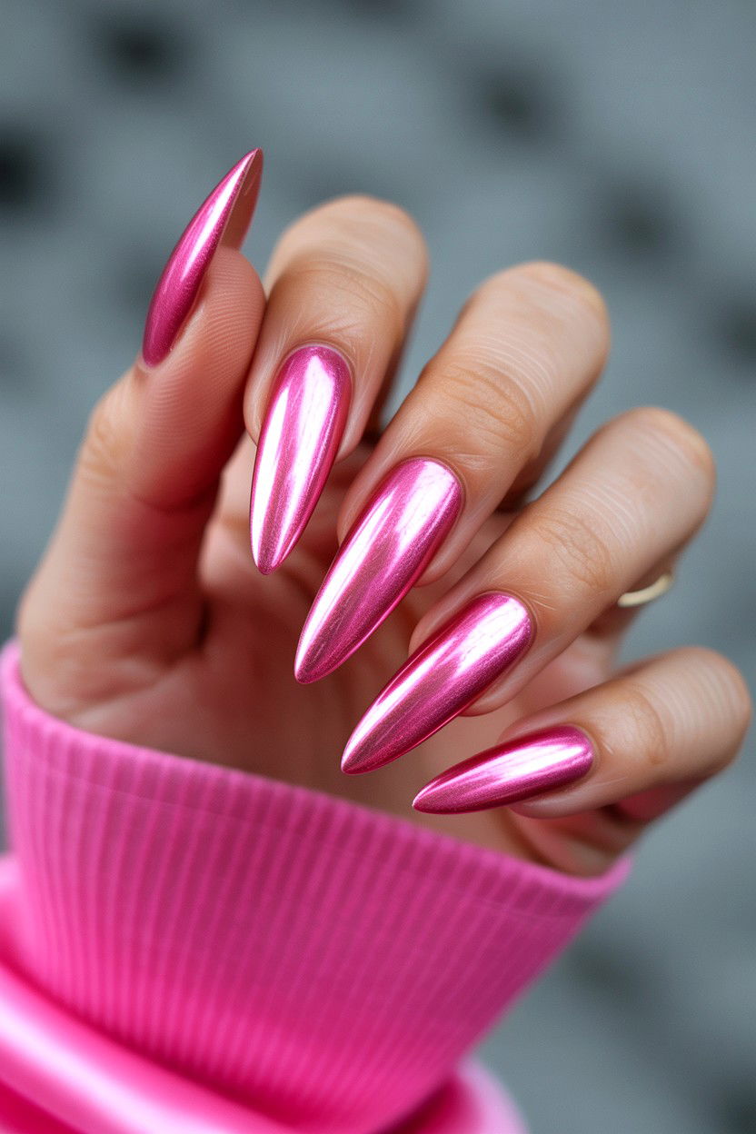 Pink Chrome Finish - 25 Long Valentine's Day Nail Designs