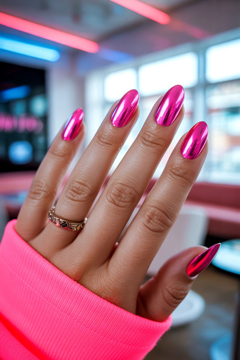 Pink Chrome Nails - 25 Short Valentine's Day Nail Ideas