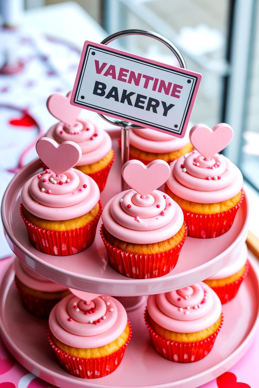Pink Cupcake Valentine Tiered Tray - 25 Pink Valentine's Day Tiered Tray Ideas