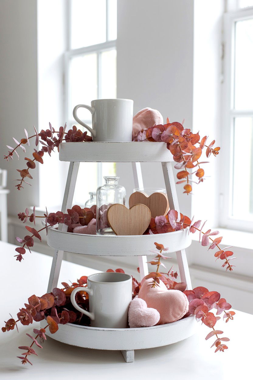 Pink Eucalyptus - 25 Farmhouse Valentine's Day Tiered Tray Ideas