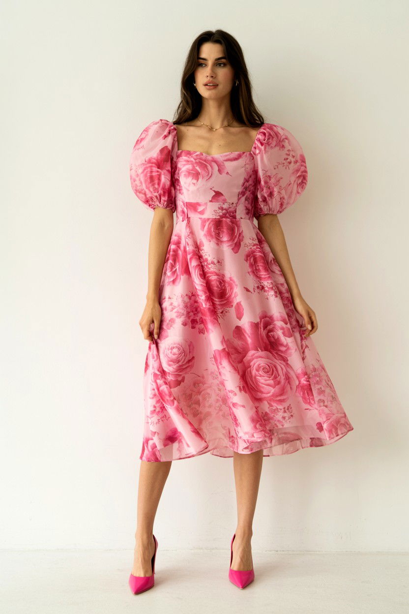 Pink Floral Puff Sleeve Dress - 25 Valentine's Day Midi Dress Ideas