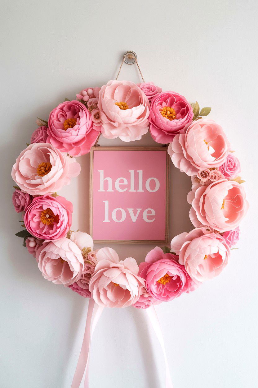 Pink Floral Wreath Sign - 25 Valentine's Day Door Sign Ideas