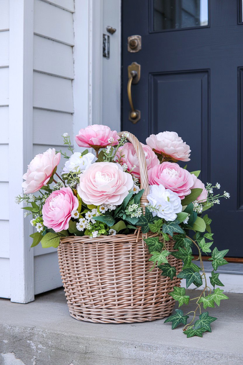 Pink Flower Basket - 25 Valentine's Day Front Door Ideas