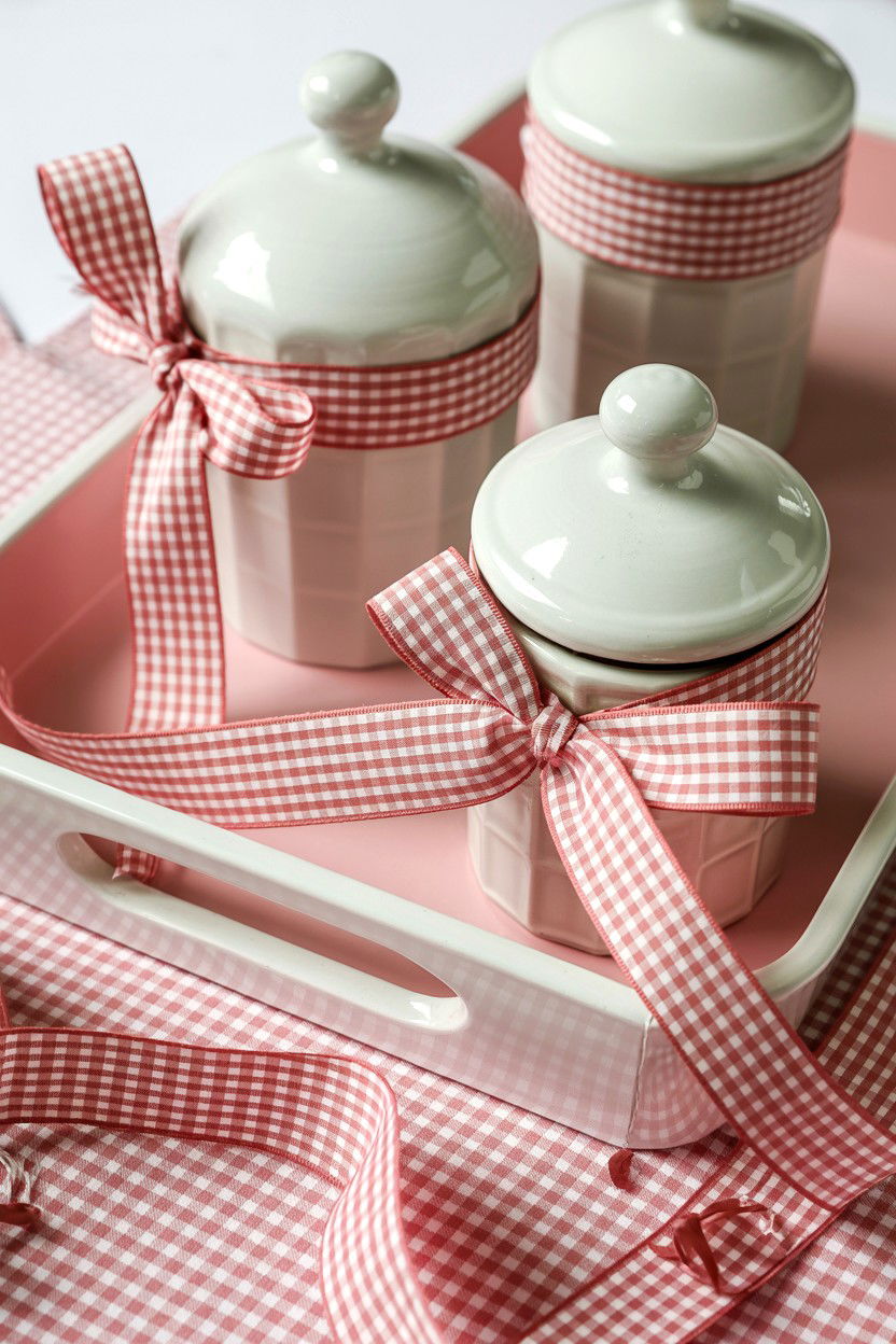 Pink Gingham Ribbon Accents - 25 Rustic Valentine's Day Tiered Tray Ideas