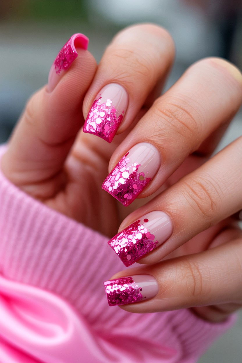 Pink Glitter Gradient Nails - 25 Pink Valentine's Day Nail Ideas