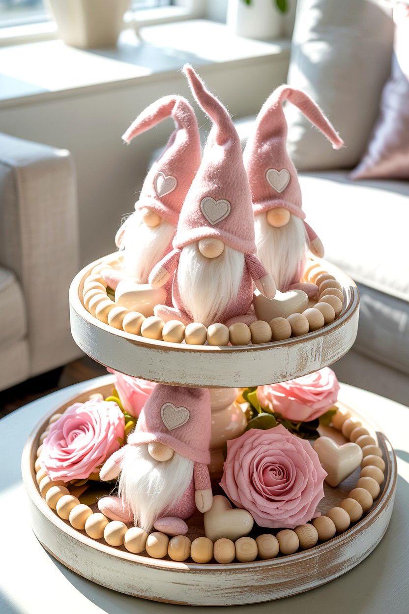 Pink Gnomes - 25 Farmhouse Valentine's Day Tiered Tray Ideas