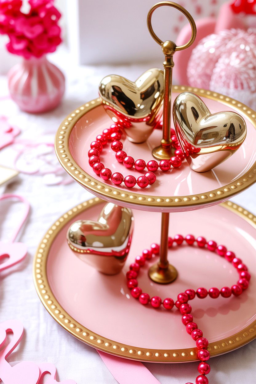 Pink Gold Valentine Tiered Tray - 25 Pink Valentine's Day Tiered Tray Ideas