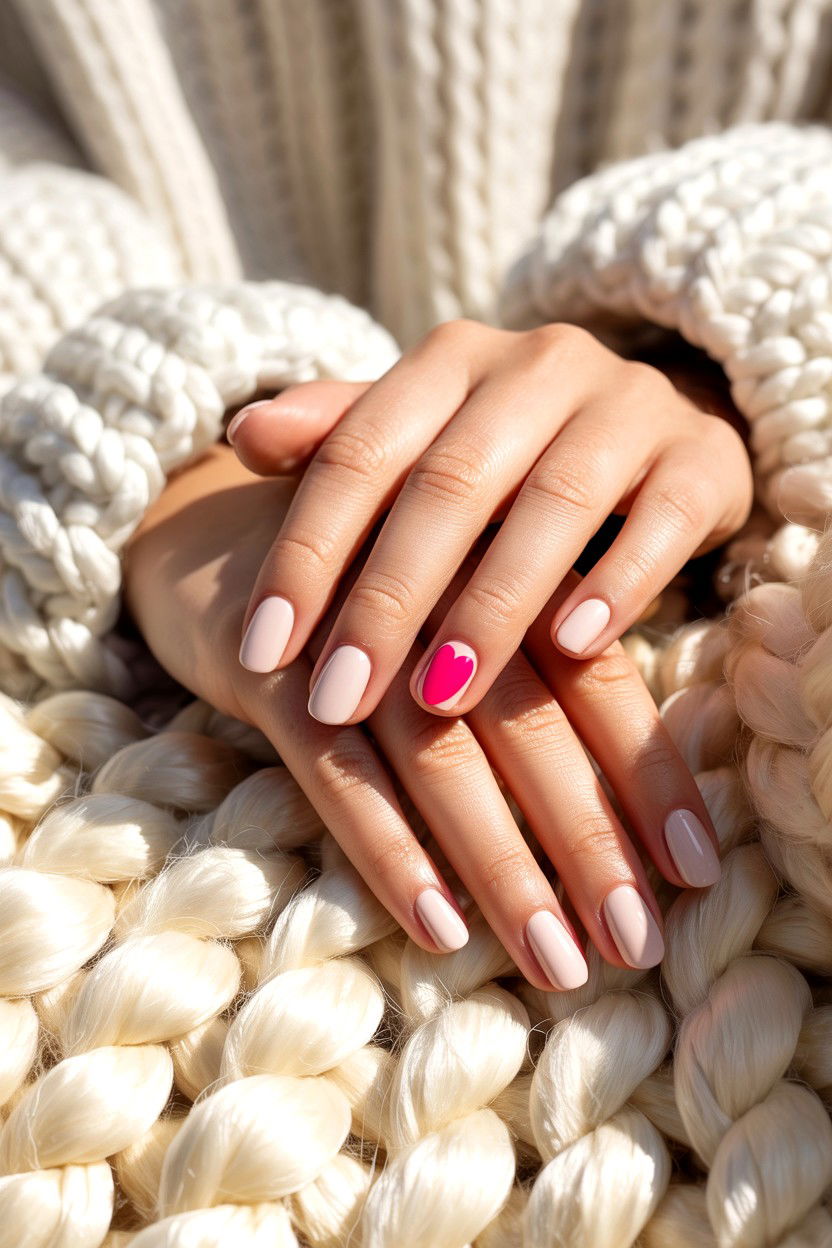 Pink Heart Accent - 25 Easy Valentine's Day Nail Designs