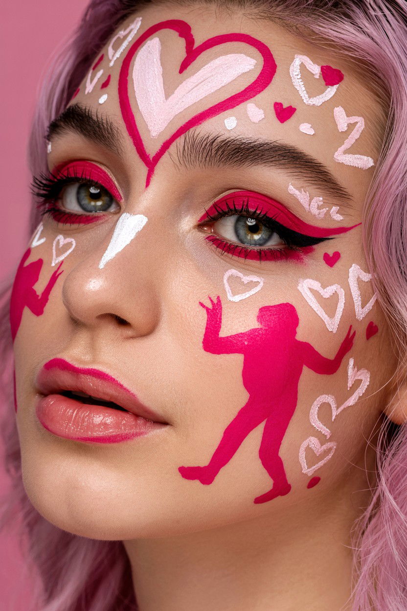 Pink Heart Face Art - 25 Pink Valentine's Day Makeup Looks