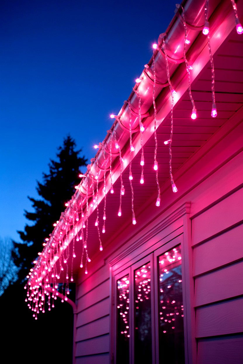 Pink Icicle Lights Eaves - 25 Valentine's Day Outdoor Lighting Ideas
