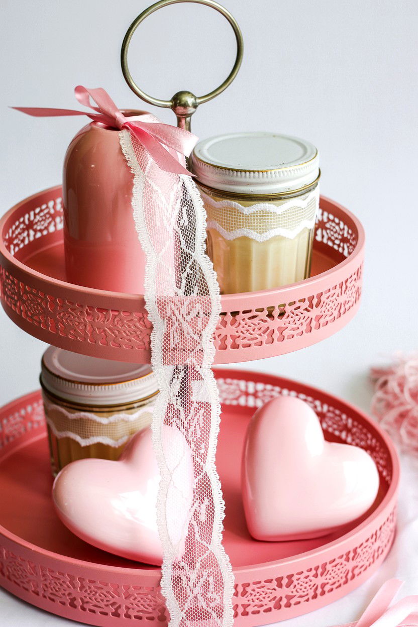 Pink Lace Valentine Tiered Tray - 25 Pink Valentine's Day Tiered Tray Ideas