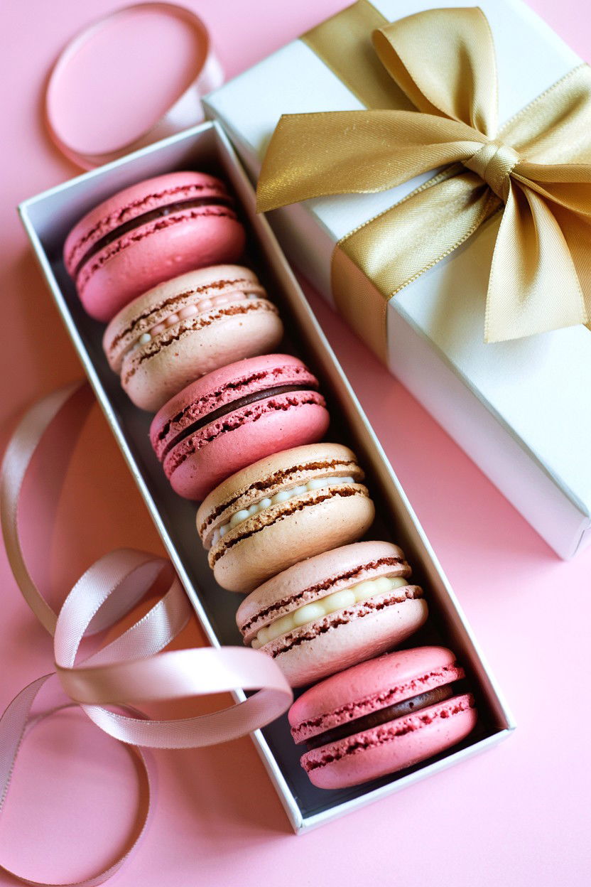 Pink Macarons In Gift Box - 25 Valentine's Day Flat Lay Photo Ideas
