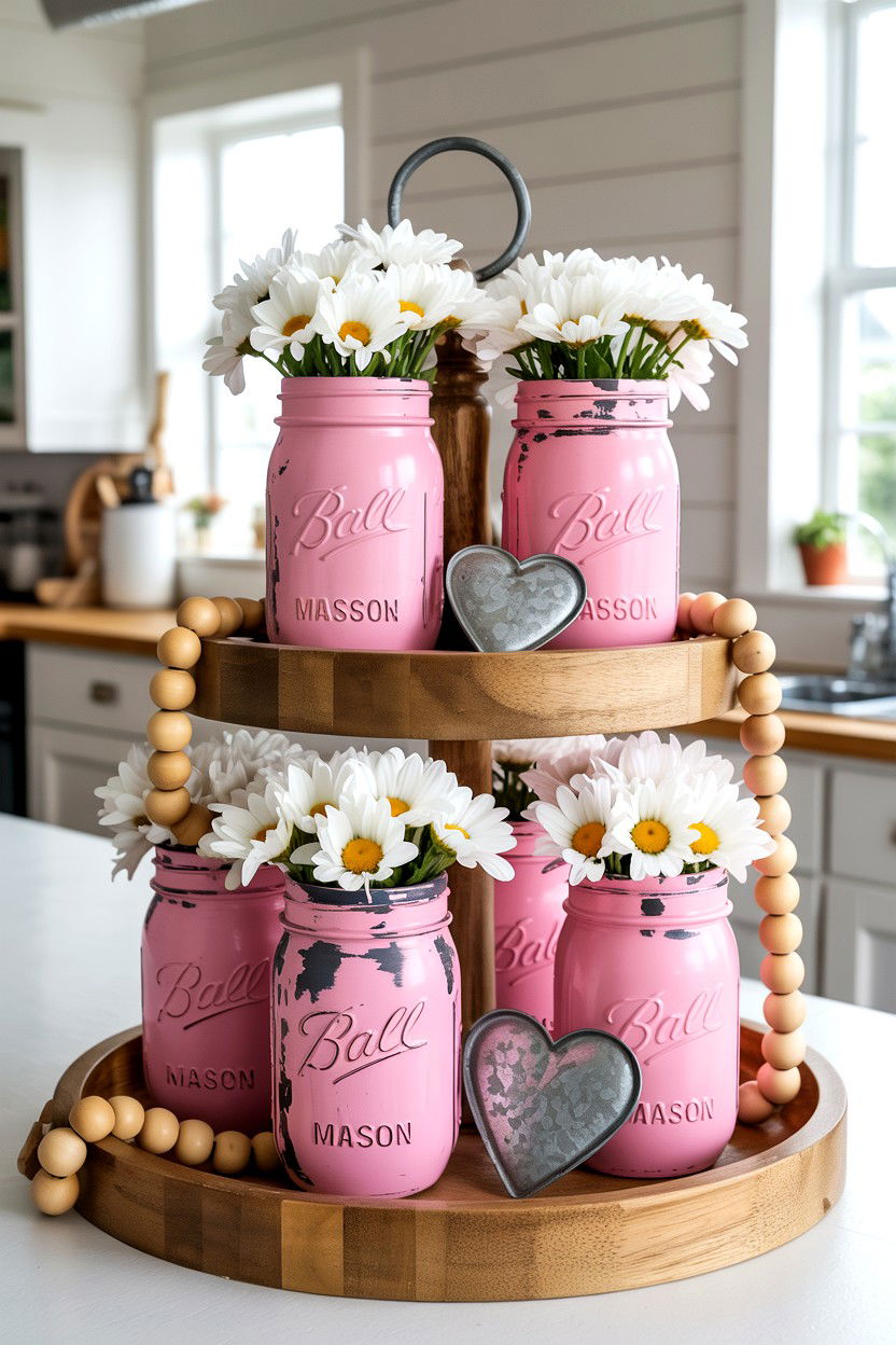 Pink Mason Jars - 25 Farmhouse Valentine's Day Tiered Tray Ideas