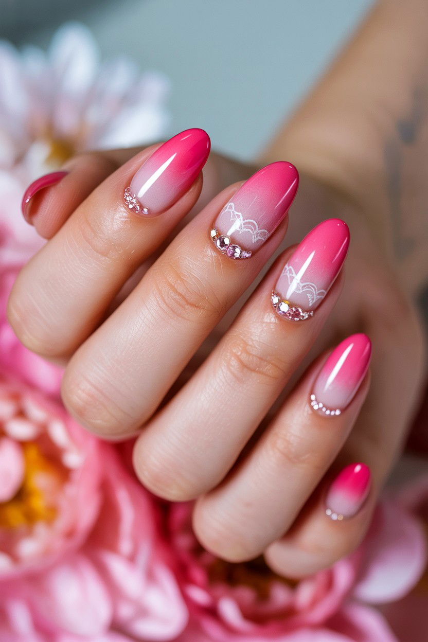Pink Ombre Nails With Crystals - 25 Rhinestone Valentine's Day Nail Ideas