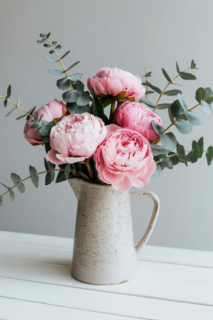 Pink Peony And Eucalyptus Arrangement - 25 Valentine's Day Mixed Bouquet Ideas