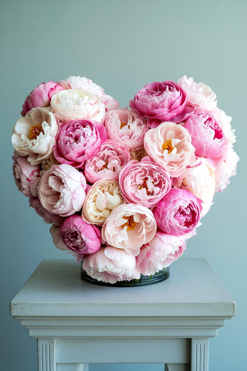Pink Peony Heart Arrangement - 25 Valentine's Day Flower Heart Ideas