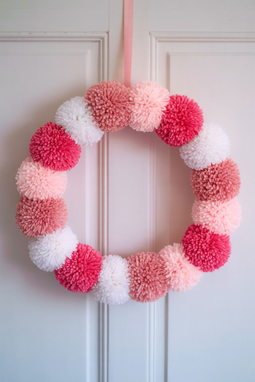 Pink Pom Pom Wreath - 25 Valentine's Day Front Door Ideas