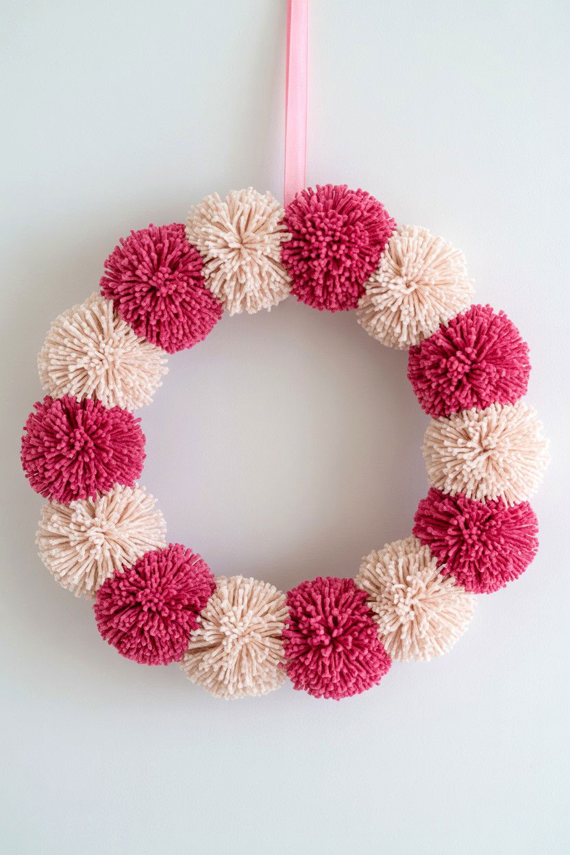 Pink Pom Pom Wreath - 25 Valentine's Day Wreath Ideas