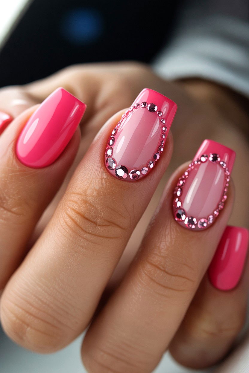 Pink Rhinestone Nails - 25 Pink Valentine's Day Nail Ideas