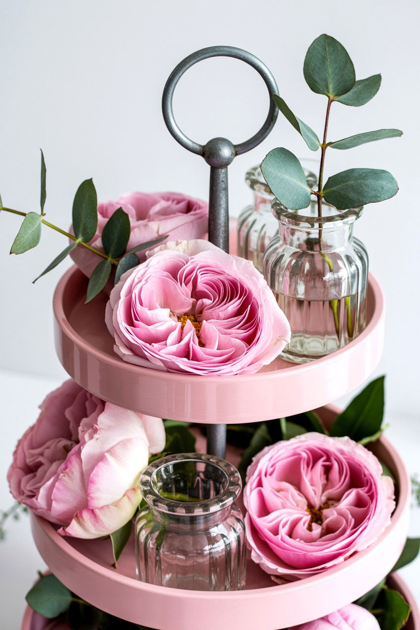 Pink Rose Valentine Tiered Tray - 25 Pink Valentine's Day Tiered Tray Ideas