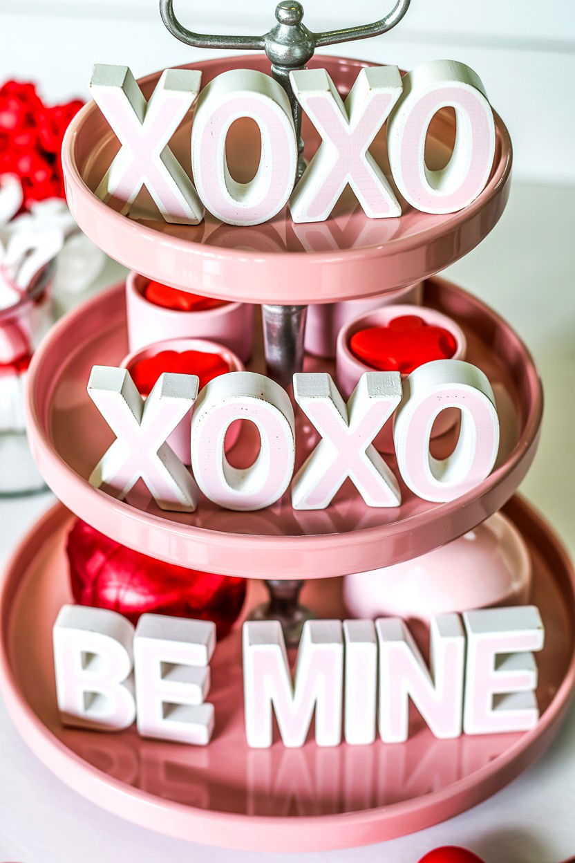 Pink Sign Valentine Tiered Tray - 25 Pink Valentine's Day Tiered Tray Ideas