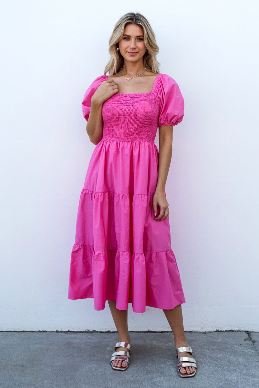 Pink Smocked Bodice Dress - 25 Valentine's Day Midi Dress Ideas