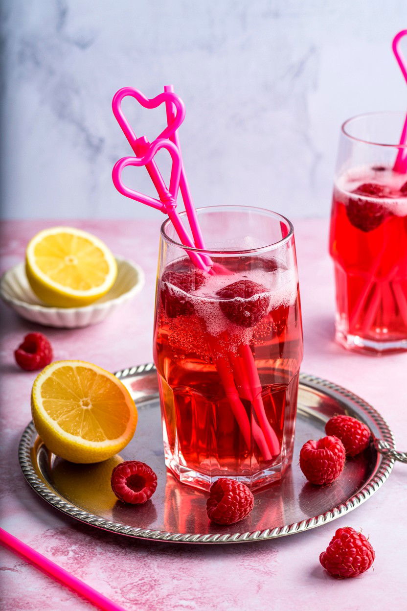 Pink Sparkling Drink With Heart Straws
