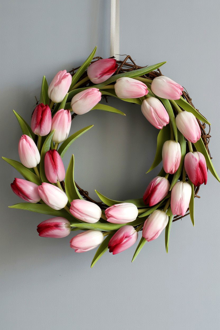 Pink Tulip Wreath - 25 Valentine's Day Front Door Ideas
