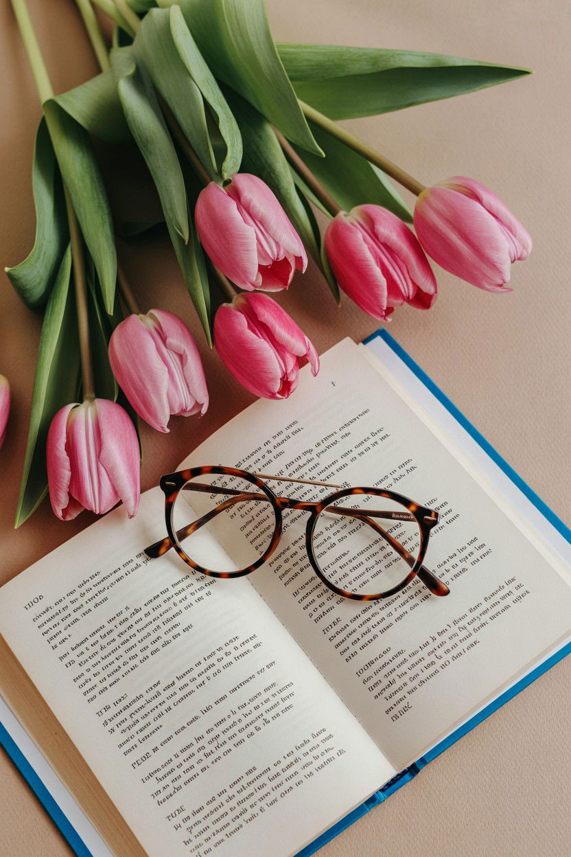 Pink Tulips And Open Book - 25 Valentine's Day Flat Lay Photo Ideas