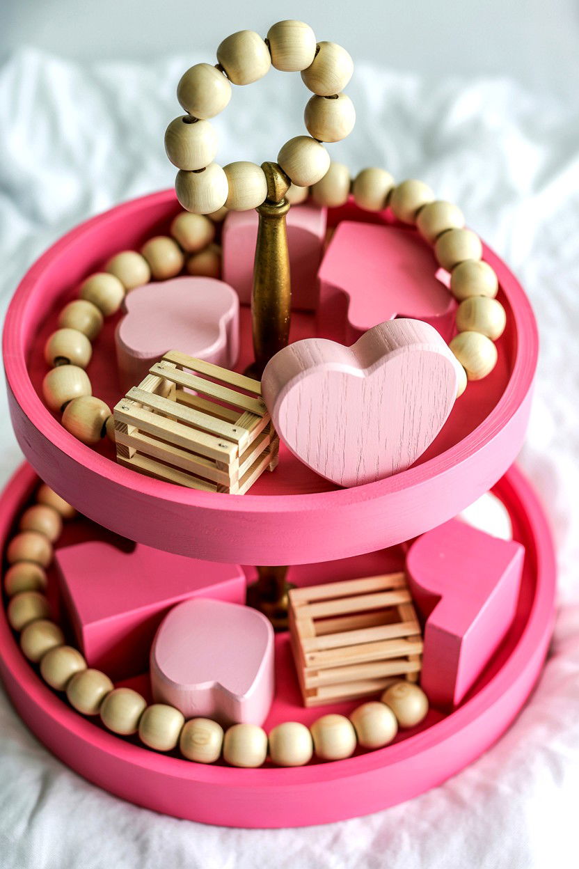 Pink Wood Valentine Tiered Tray - 25 Pink Valentine's Day Tiered Tray Ideas