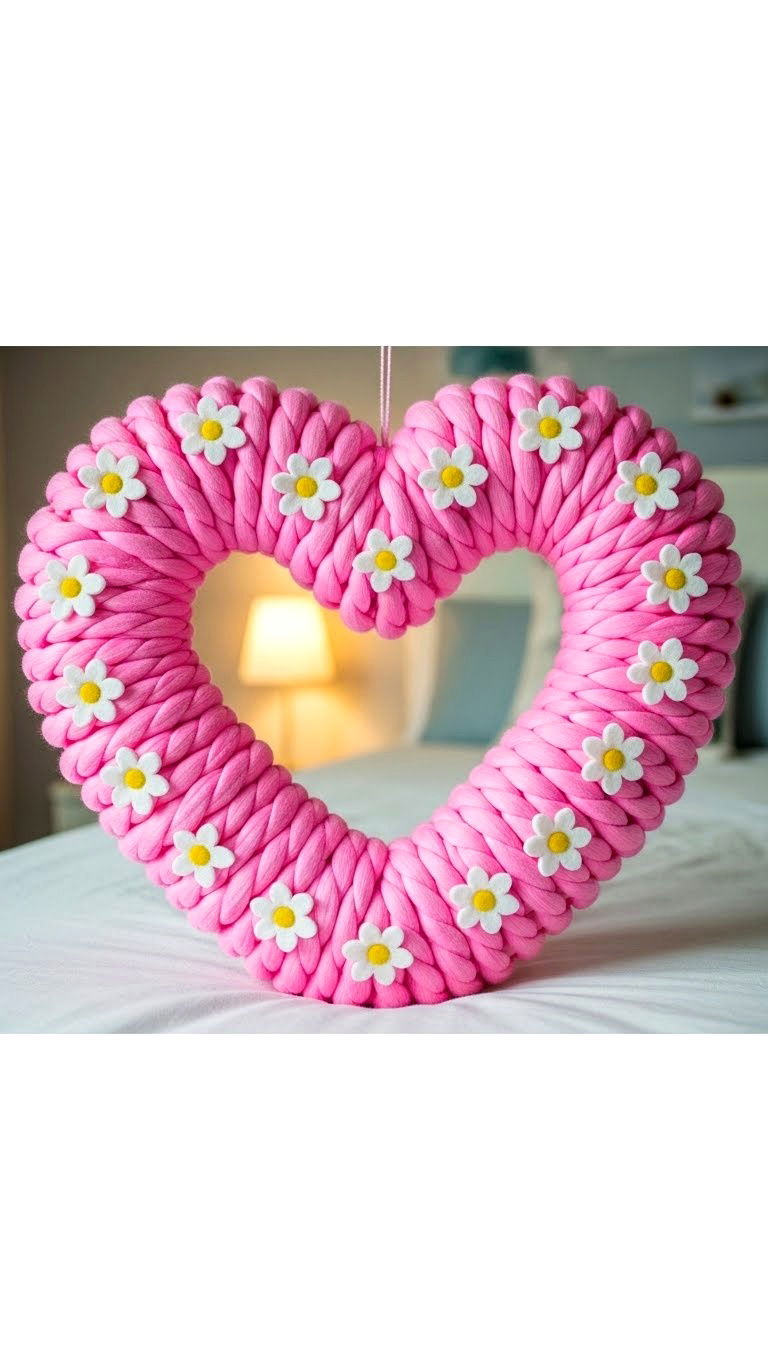 Pink Yarn Wreath - 25 valentine's day wreath ideas