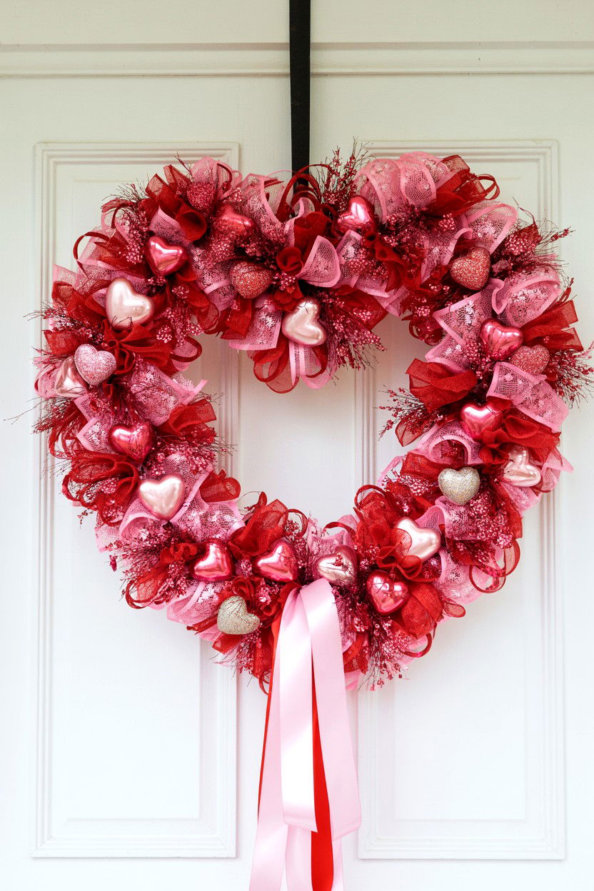 Pink and Red Heart Wreath - 25 Deco Mesh Valentine's Day Wreath Ideas