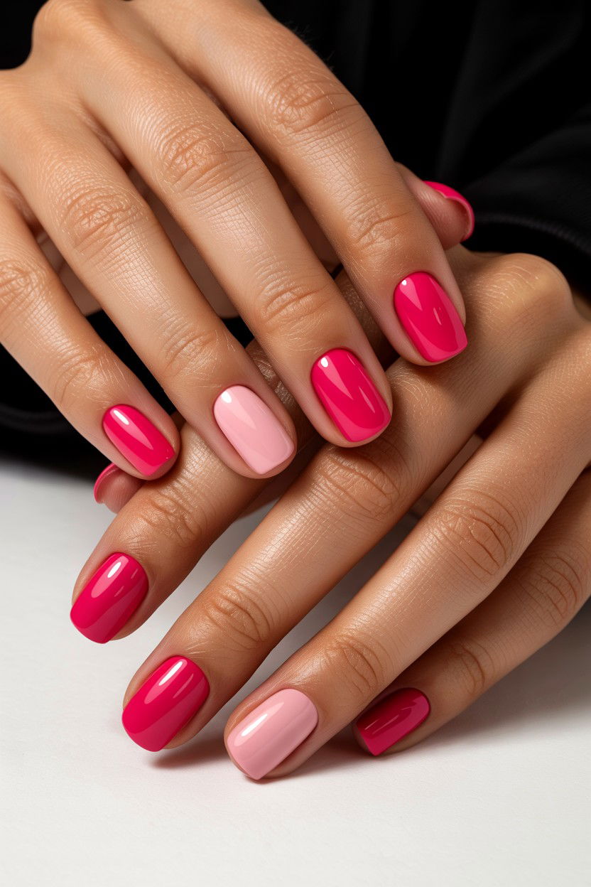 Pink and red mismatched nails - 25 Cute Valentine's Day Nail Designs