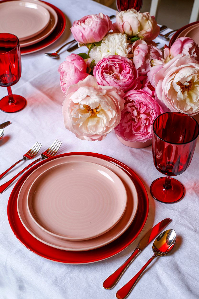 Pink and red table setting - 25 Valentine's Day Tablescape Ideas