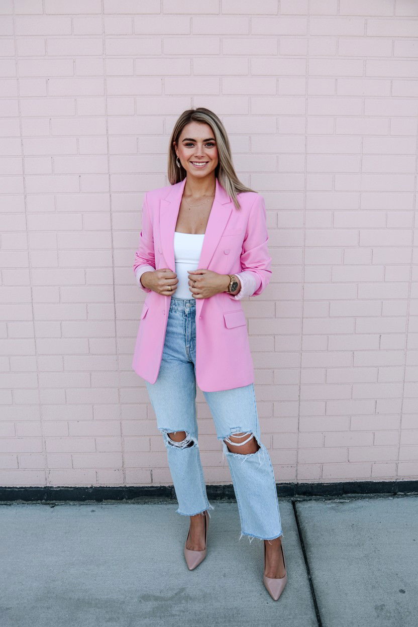 Pink blazer with denim - 25 Valentine's Day Jeans Outfits