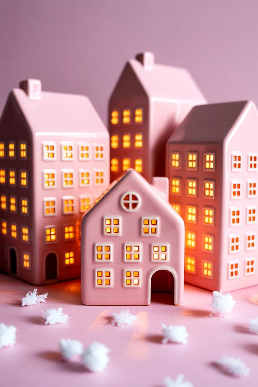 Pink ceramic houses - 25 Valentine's Day Shelf Decor Ideas